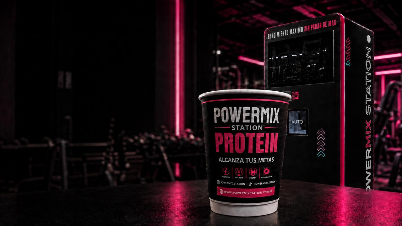 Vaso PowerMix Protein frente a la máquina PowerMix Station en el gimnasio